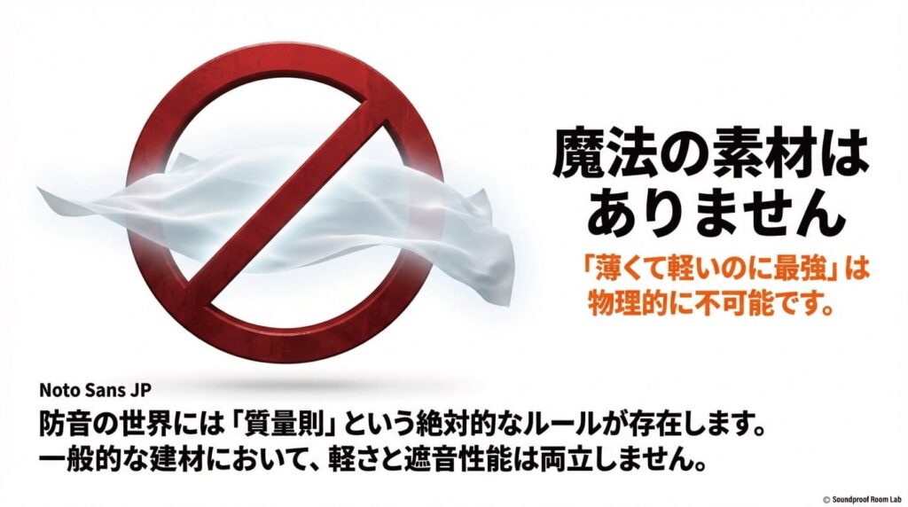 薄くて軽いのに最強」は物理的に不可能であり、防音には「質量則」という絶対的なルールがあることを伝える注意喚起のスライド