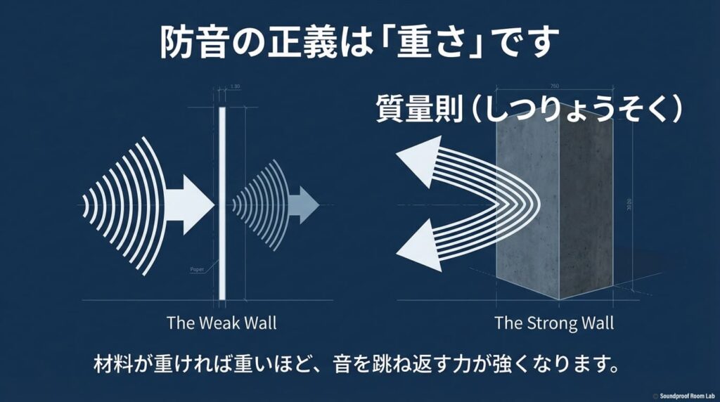 質量則（しつりょうそく）の図解。材料が重いほど音を跳ね返す力が強くなる仕組みを、壁に跳ね返される音の波で表現したイラスト。