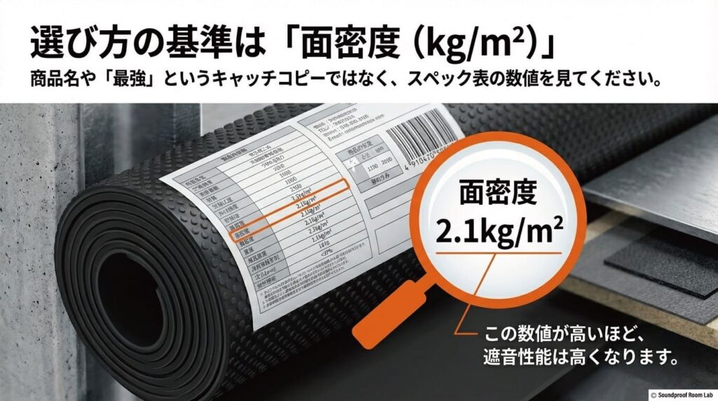 遮音材を選ぶ基準は「面密度（kg/m²）」であり、この数値が高いほど遮音性能が高くなることを解説するスライド。