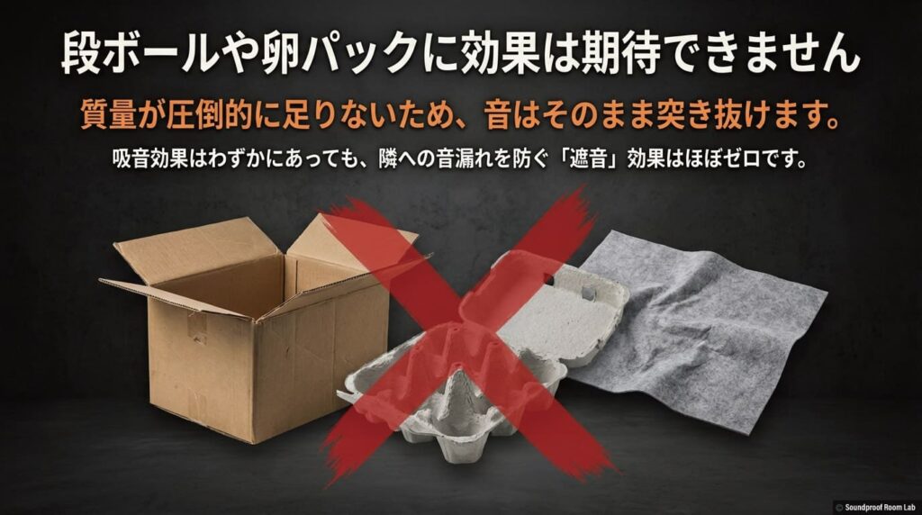 段ボールや卵パックには「遮音」効果が期待できないことを示す画像。質量が圧倒的に足りないため、音はそのまま突き抜けるという警告。