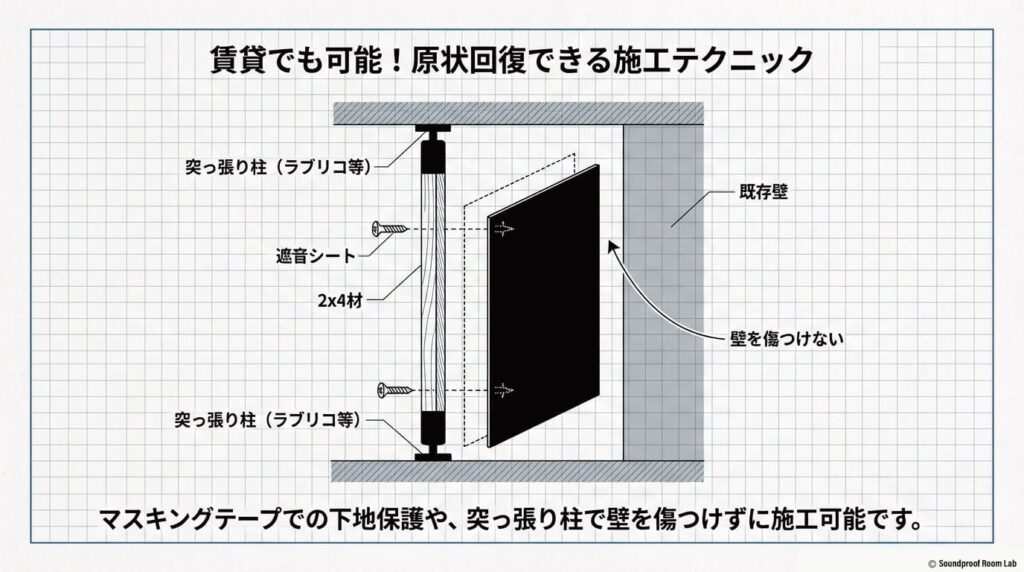 ラブリコ等の突っ張り柱と2x4材を使用して、既存の壁を傷つけずに防音壁を設置する施工テクニックの設計図解。
