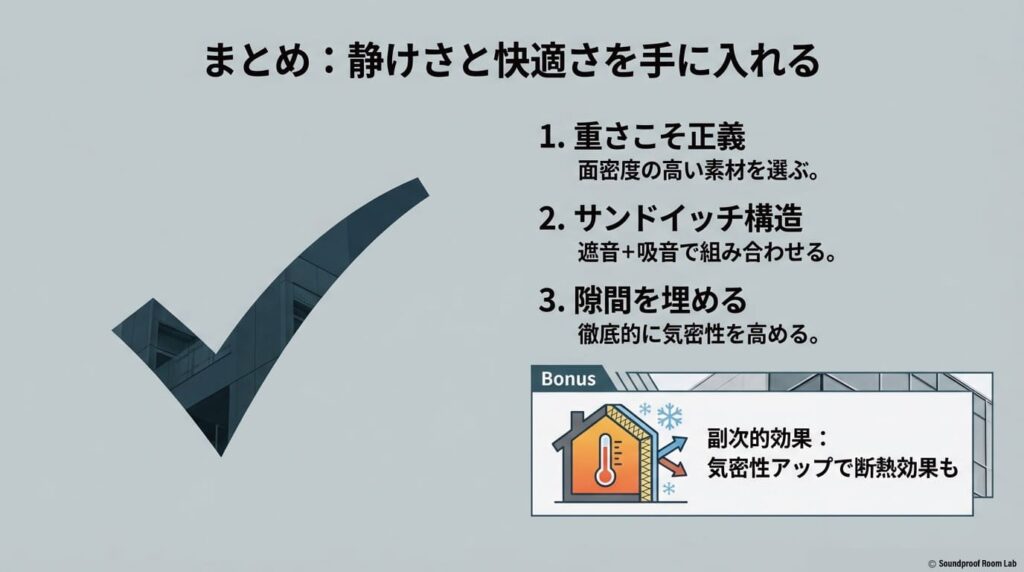 防音対策のまとめスライド。重さこそ正義、サンドイッチ構造、隙間を埋める、気密性アップによる断熱効果の4つのポイントを整理。