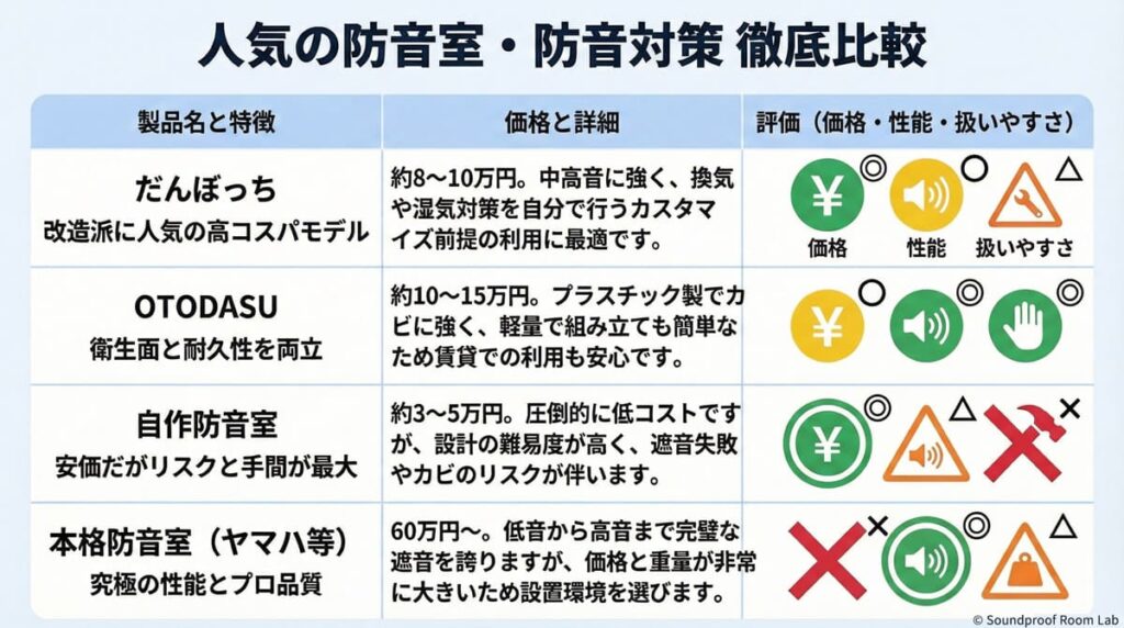 【比較表】だんぼっち vs OTODASU vs 自作防音室：表