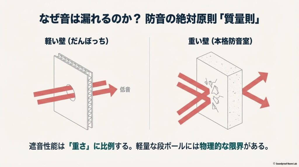 防音性能は重さに比例するという「質量則」の法則により、軽量な段ボール壁は低音が通り抜けやすく、重い壁の方が遮音性が高いことを示す比較図。