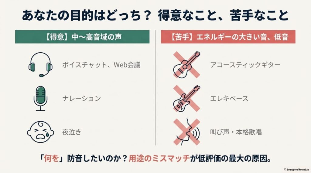 ボイチャや会議などの中高音の声には向いているが、アコギやベース、本格的な歌唱などエネルギーの大きい低音には不向きであることを示すアイコン図。