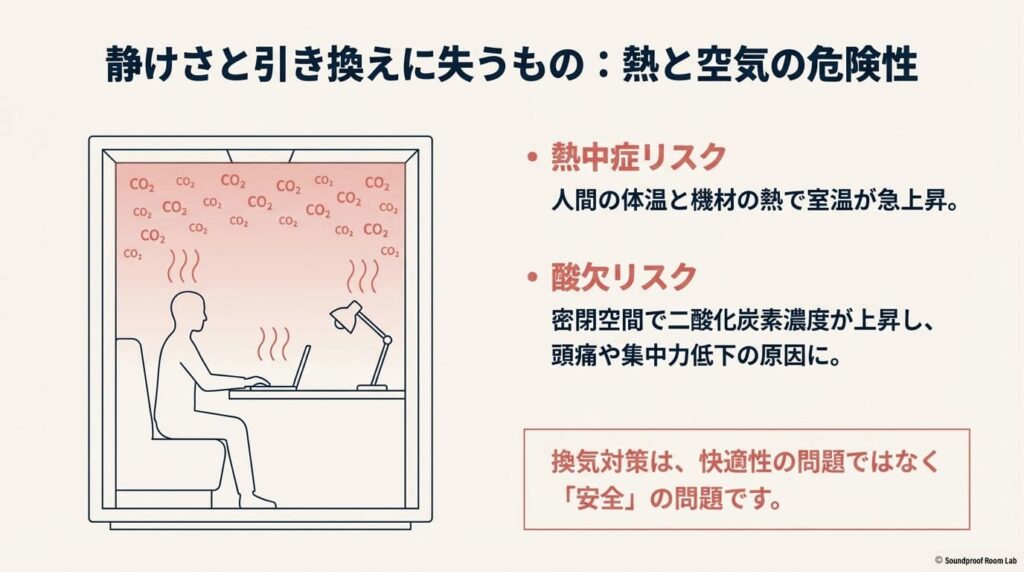 だんぼっち内部で体温や機材の熱がこもり、二酸化炭素濃度が上昇して頭痛や集中力低下を招くリスクと、換気の重要性を説明したイラスト。