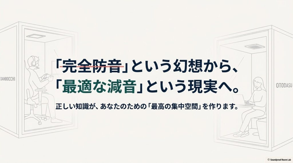 完全な静寂を求めるのではなく、用途に合わせた「最適な減音」という現実を知ることが最高の集中空間作りにつながるというメッセージ。