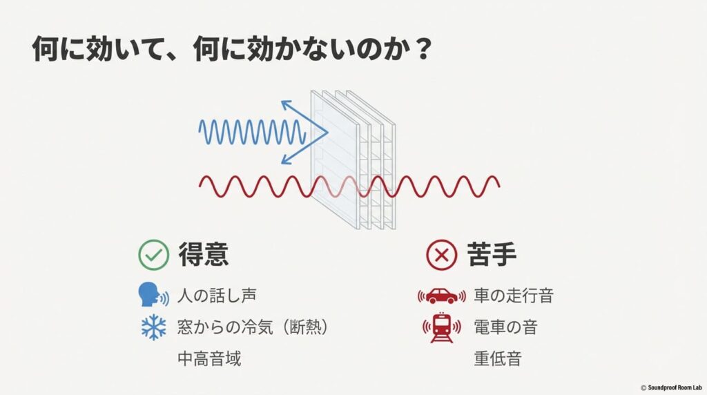 二重窓DIYの防音効果と限界、ポリカーボネートでの施工術を解説するタイトルのスライド 。