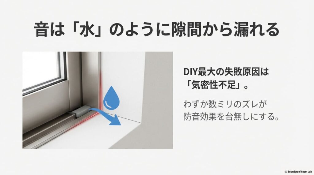 音は水のように数ミリの隙間からも漏れることを示し、DIY最大の失敗原因が「気密性不足」であることを警告する図解スライド 。