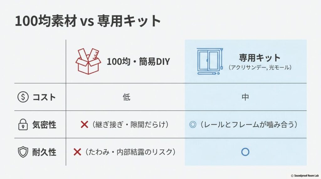 100均・簡易DIYと専用キット（アクリサンデー、光モール）を、コスト・気密性・耐久性の面で比較した表 。
