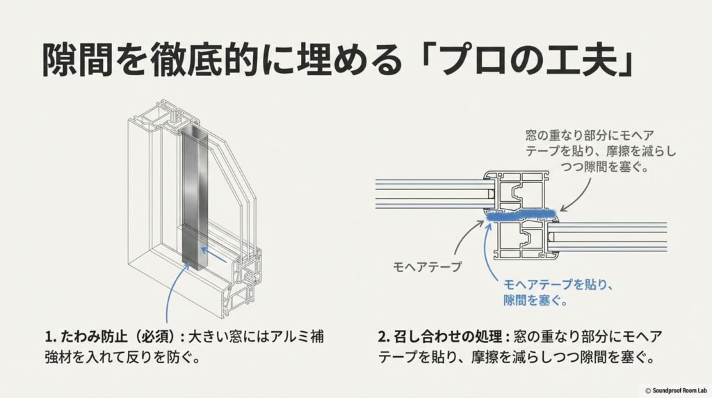 隙間を徹底的に埋める工夫として、大きい窓のたわみを防ぐアルミ補強材と、窓の重なり部分に貼るモヘアテープの使用を解説するスライド