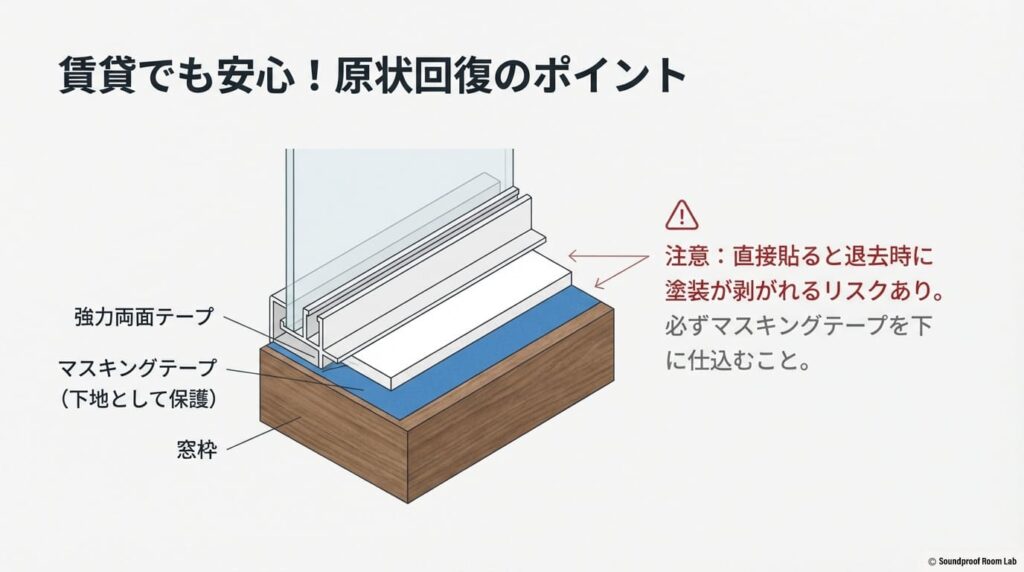 賃貸の窓枠を保護するため、マスキングテープを下地にしてから強力両面テープでレールを固定する施工ポイントを解説したスライド 。