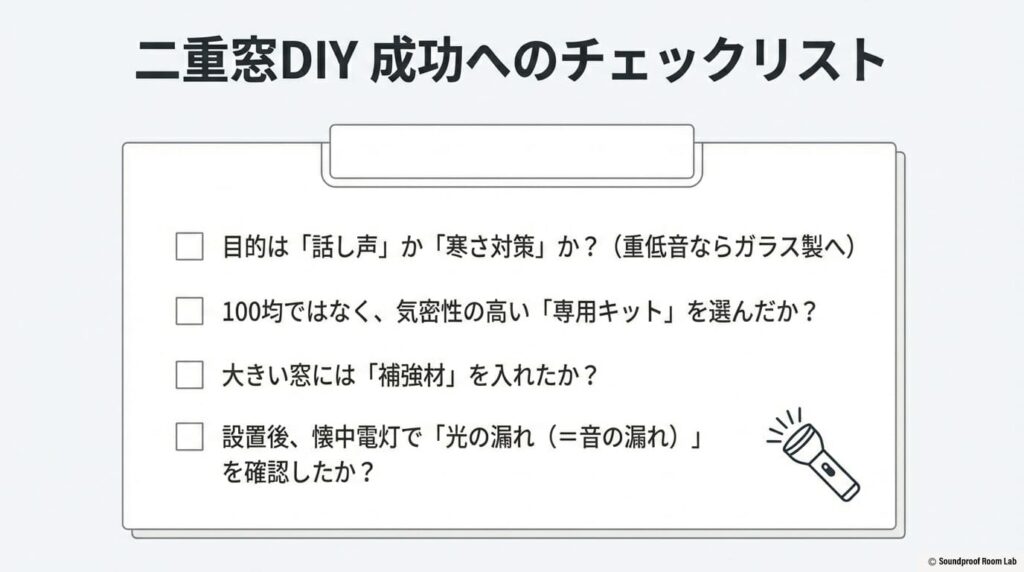 目的の確認、専用キットの選択、補強材、光漏れの確認など、二重窓DIYを成功させるための4つのチェックポイントをまとめたスライド 。