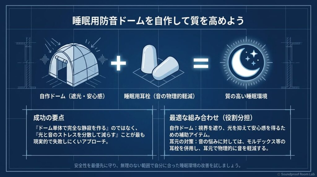 睡眠用防音ドームを自作して質を高めよう：要約図解