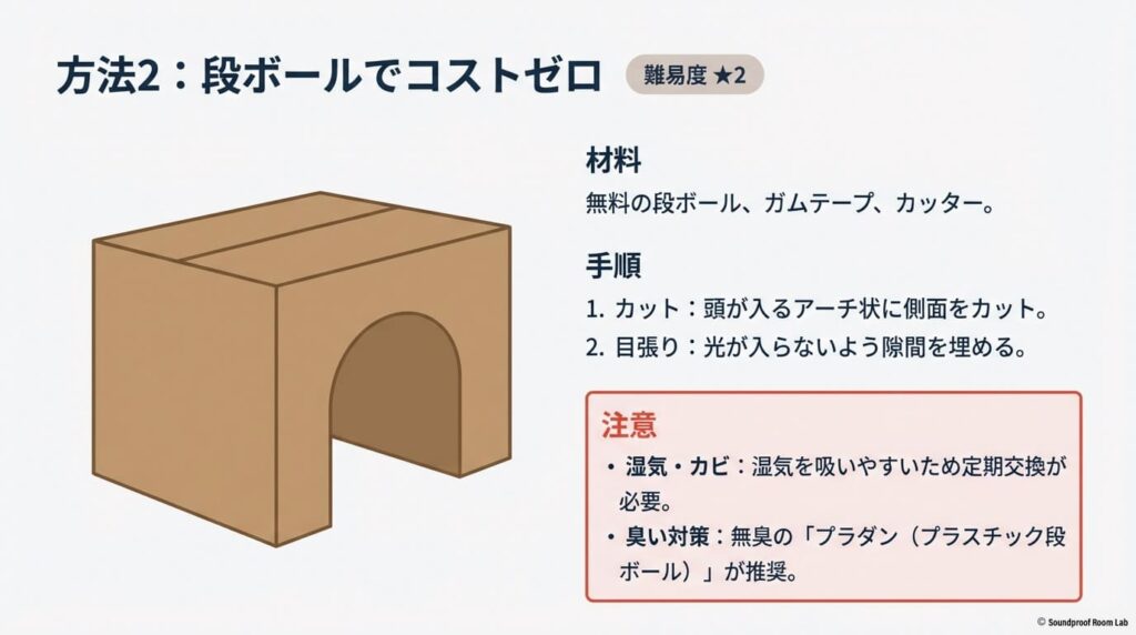 段ボールをアーチ状にカットし、光が入らないよう目張りする手順。湿気や臭い対策としてプラダンも推奨されている。