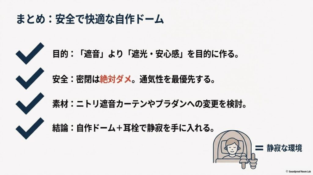 密閉を避け、通気性を最優先にし、耳栓と併用することで静寂を手に入れるという本記事の結論