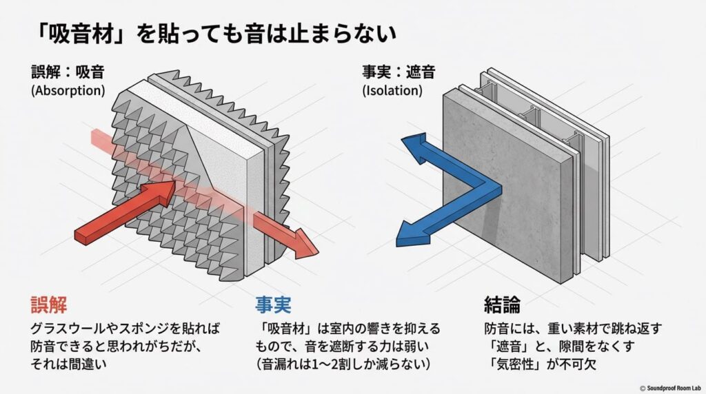 吸音材（グラスウールやスポンジ）は音の響きを抑えるだけで音を遮断する力は弱く、防音には重い素材で音を跳ね返す「遮音」と隙間をなくす「気密性」が不可欠であることを示す図解。