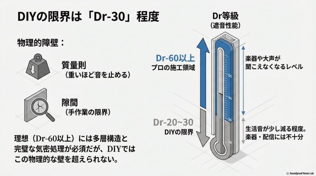 DIYでの防音性能はDr-20〜30（生活音が少し減る程度）が限界であり、楽器や大声に対応するDr-60以上の性能はプロの施工領域であることを示す比較図。
