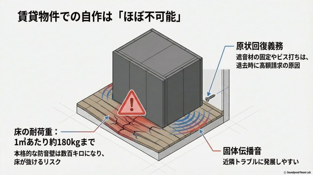 賃貸での防音室自作における「原状回復義務（ビス打ちによる高額請求）」「床の耐荷重（1平米あたり180kgまで）」「固体伝播音による近隣トラブル」の3つのリスク解説図。