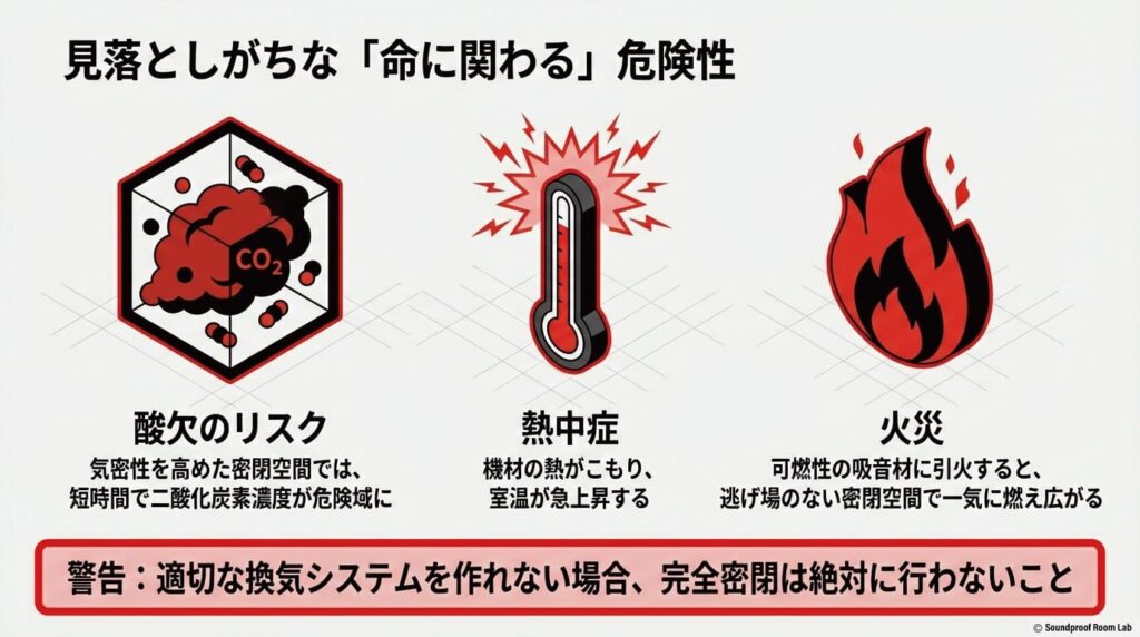 密閉空間での二酸化炭素濃度上昇による「酸欠」、機材の熱による「熱中症」、可燃性素材への引火による「火災」など、自作防音室の見落としがちなリスクに関する警告。