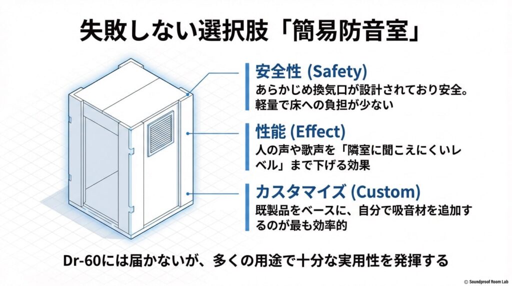 簡易防音室のメリットである「換気設計済みの安全性」「人の声を遮る性能」「既製品ベースのカスタマイズ性」を解説した図。