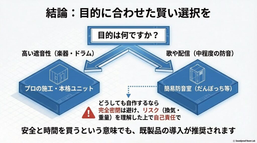 楽器・ドラムならプロの施工、歌・配信なら簡易防音室（だんぼっち等）といった、目的に合わせた最適な防音対策のフローチャートと自作のリスク再確認。
