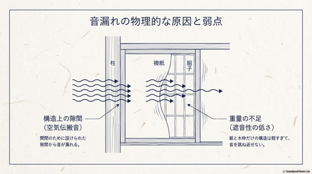 ふすまから音が漏れる物理的な原因の図解。開閉のための「構造上の隙間」と、紙と木枠による「質量の不足」が弱点であることを説明。