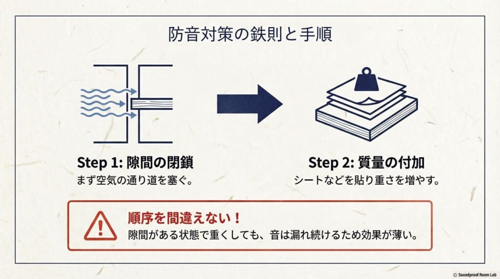 防音対策の鉄則と手順。ステップ1で隙間を閉鎖し、その後にステップ2で質量を付加するという順番を守ることの重要性を強調。