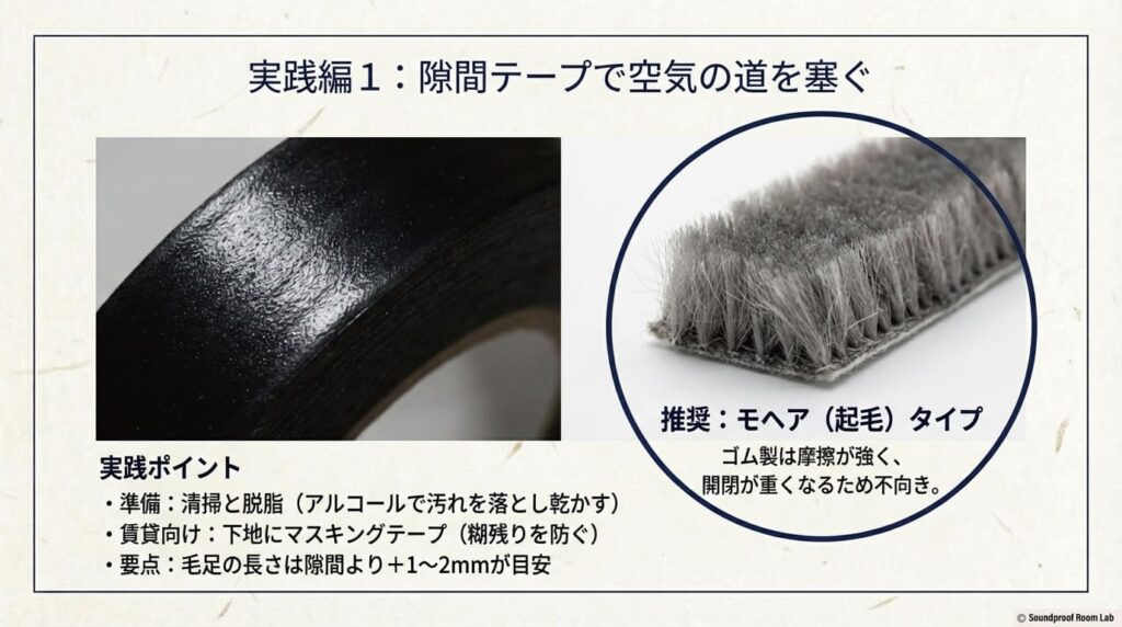 隙間テープによる対策の実践ポイント。清掃と脱脂、賃貸向けの下地処理、摩擦の少ない「モヘアタイプ」推奨などのコツを解説。