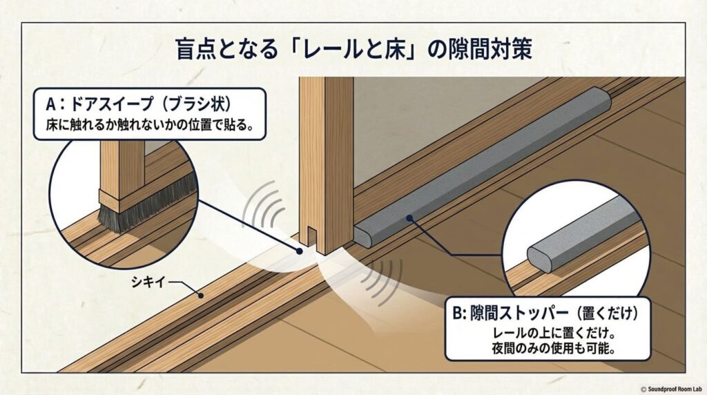 盲点となるレールと床の隙間対策。ブラシ状の「ドアスイープ」の貼り方や、置くだけの「隙間ストッパー」の活用法。