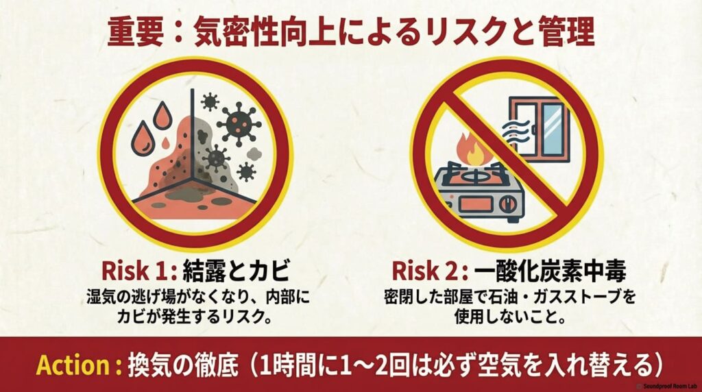気密性向上によるリスク管理。結露やカビの発生、一酸化炭素中毒への警告と、1時間に1〜2回の換気徹底について。