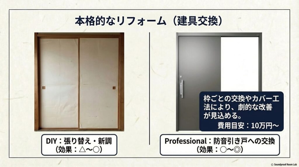 本格的なリフォームとDIYの比較。防音引き戸への交換費用目安と、劇的な改善が見込めるリフォームの効果について。