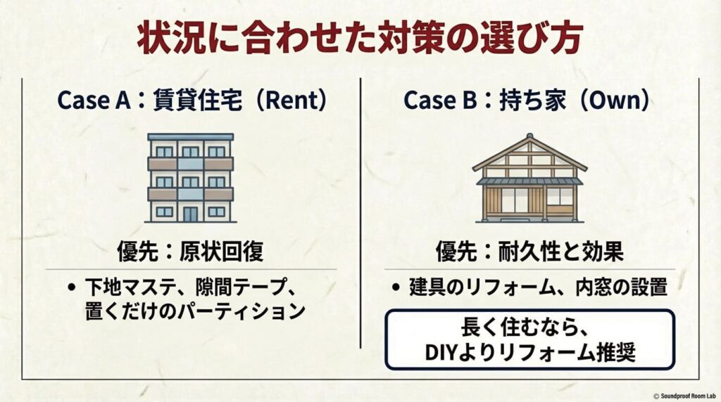 状況に合わせた対策の選び方マトリクス。賃貸住宅での「原状回復」優先と、持ち家での「耐久性と効果」優先の使い分け