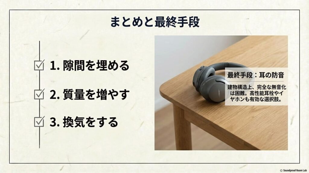 ふすま防音のまとめと最終手段。隙間・質量・換気の3要素に加え、建物構造上困難な場合の耳栓やヘッドホンの活用を提案