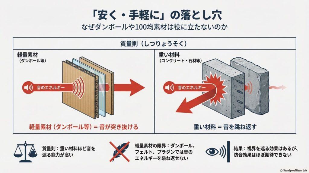 質量則の解説。ダンボールやプラスチックダンボールなどの軽量素材は音のエネルギーを突き抜けさせてしまい、重い材料ほど音を遮る能力が高いことを示す比較図。