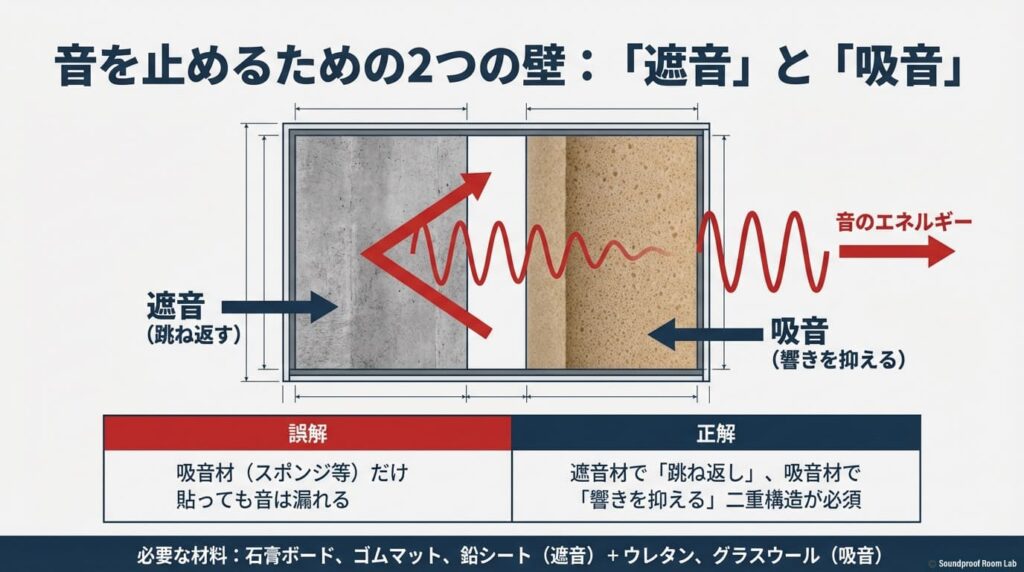 音を止めるための「遮音」と「吸音」の構造。石膏ボードやゴムマットで音を跳ね返し、ウレタンやグラスウールで響きを抑える二重構造が必須であることを説明する図解