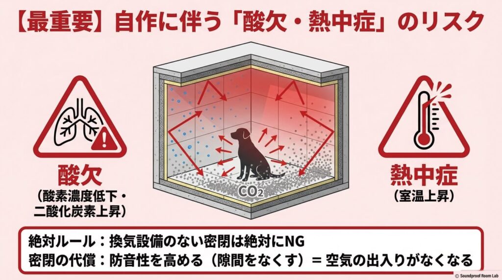 自作防音室に伴う酸欠(酸素濃度低下・二酸化炭素上昇)と熱中症(室温上昇)のリスク図。換気設備のない密閉空間の危険性を警告する最重要スライド。