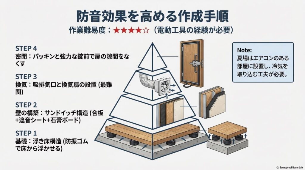 防音効果を高めるための4ステップ作成手順。基礎の浮き床構造から、壁のサンドイッチ構造、換気扇の設置、扉の密閉までのピラミッド型工程図。