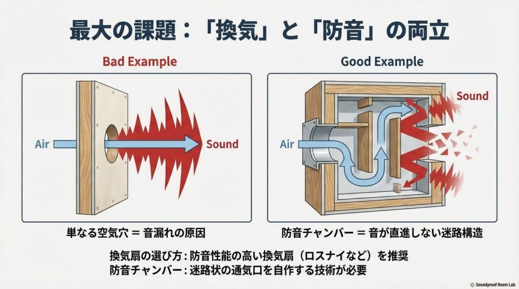 換気と防音の両立方法。単なる空気穴が音漏れの原因になる「悪い例」と、迷路構造の防音チャンバーを自作して音を直進させない「良い例」の比較。