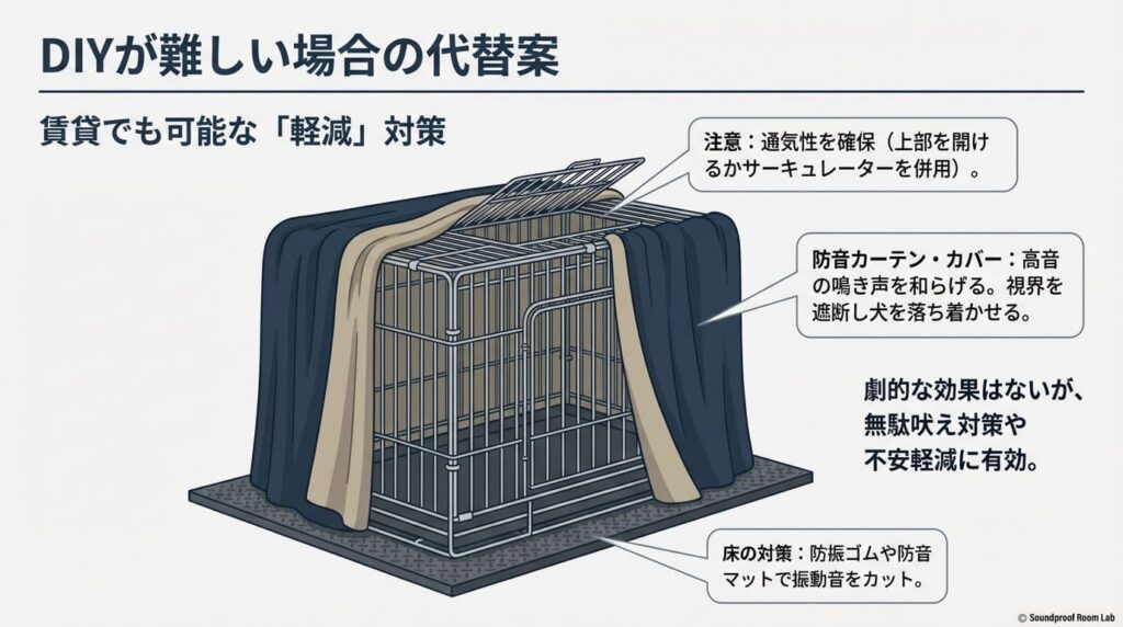 賃貸でも可能な「軽減」対策の代替案。ケージを防音カーテンやカバーで囲い、床に防振ゴムや防音マットを敷くことで鳴き声と振動を和らげる方法の図解。