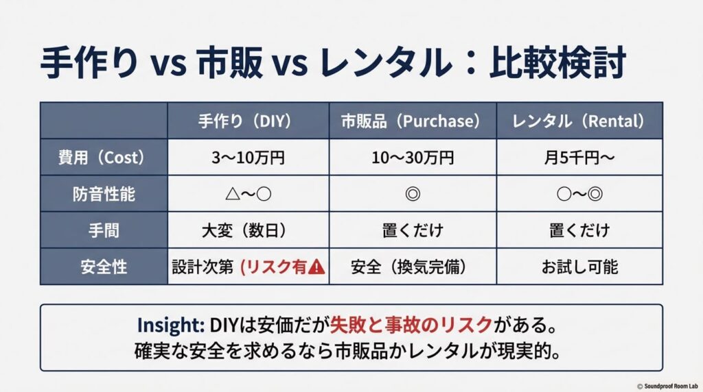 防音室の手作り(DIY)と市販品、レンタルサービスの比較表。費用、防音性能、手間、安全性の観点から、それぞれのメリットとリスクをまとめたスライド。