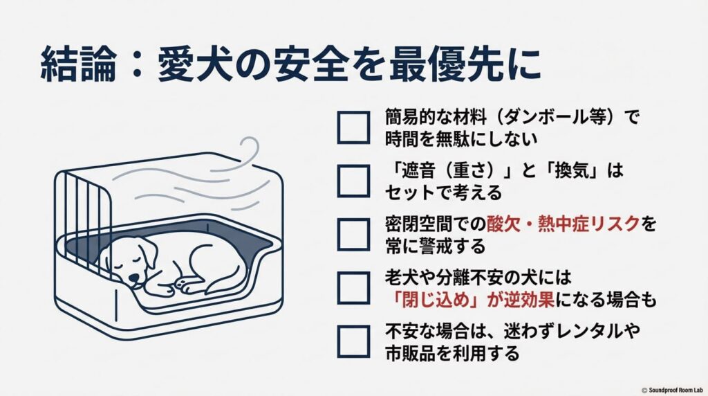 愛犬の安全を最優先にするための結論。簡易材料での失敗を避け、「遮音(重さ)」と「換気」をセットで考え、リスクを警戒すべきことを示すまとめのイラスト。