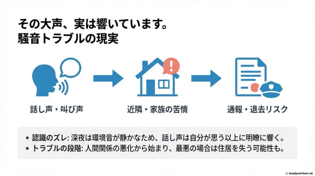 深夜の話し声や叫び声が自分が思う以上に明瞭に響いている認識のズレと、人間関係の悪化、通報、最悪の場合は退去に至るトラブルの段階を示すイラスト。