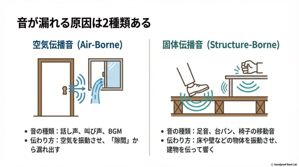 声や叫び声が隙間から漏れ出す「空気伝播音」と、足音や台パンが床や壁を振動させて伝わる「固体伝播音」の仕組みと違いを解説する図。