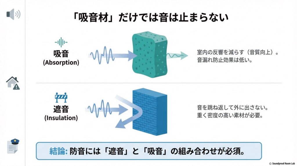 反響を減らす「吸音」と音を跳ね返す「遮音」の違い。防音には重く密度の高い素材で遮音し、吸音を組み合わせることが必須であることを示す比較図。