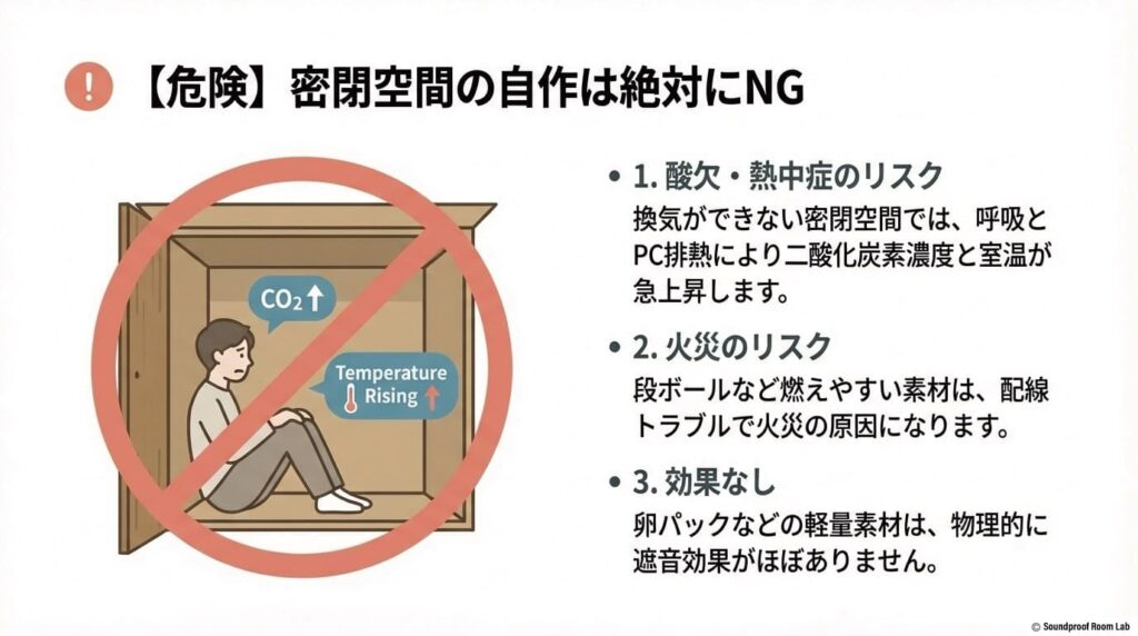 密閉空間を自作することの危険性。呼吸やPC排熱による酸欠・熱中症リスク、燃えやすい素材による火災リスク、軽量素材による防音効果のなさを警告するスライド。