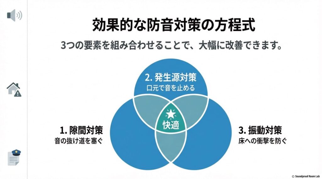 1.隙間対策(抜け道を塞ぐ)、2.発生源対策(口元で止める)、3.振動対策(床への衝撃を防ぐ)の3つを組み合わせることで改善される防音対策の方程式。