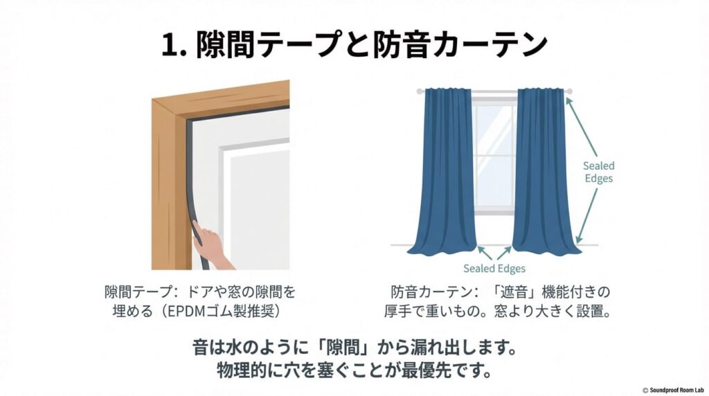 隙間テープで物理的に穴を塞ぎ、窓より大きく遮音機能付きの厚手カーテンを設置することで空気伝播音を抑える方法の解説図。