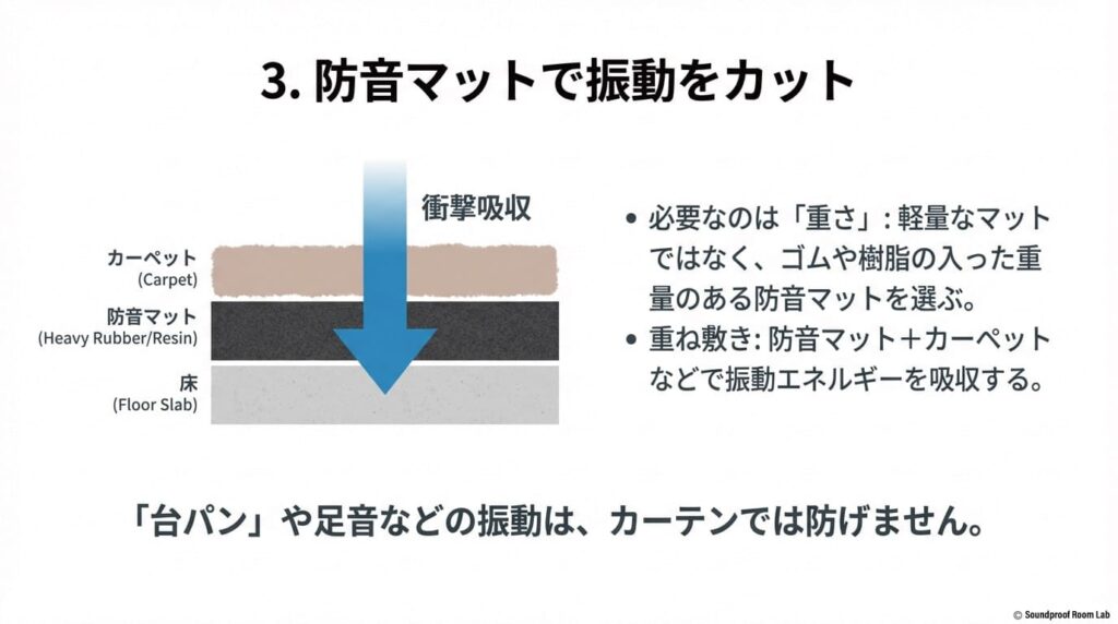 重みのある防音マットとカーペットを重ね敷きすることで、床への衝撃や振動エネルギーを吸収・遮断する固体伝播音対策の構造図。