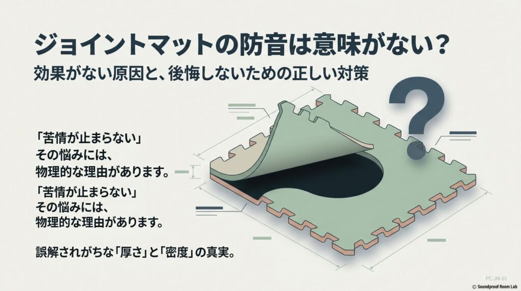 ジョイントマットの防音は意味がない？効果がない原因と、後悔しないための『厚さ』と『密度』の真実を解説する導入スライド。